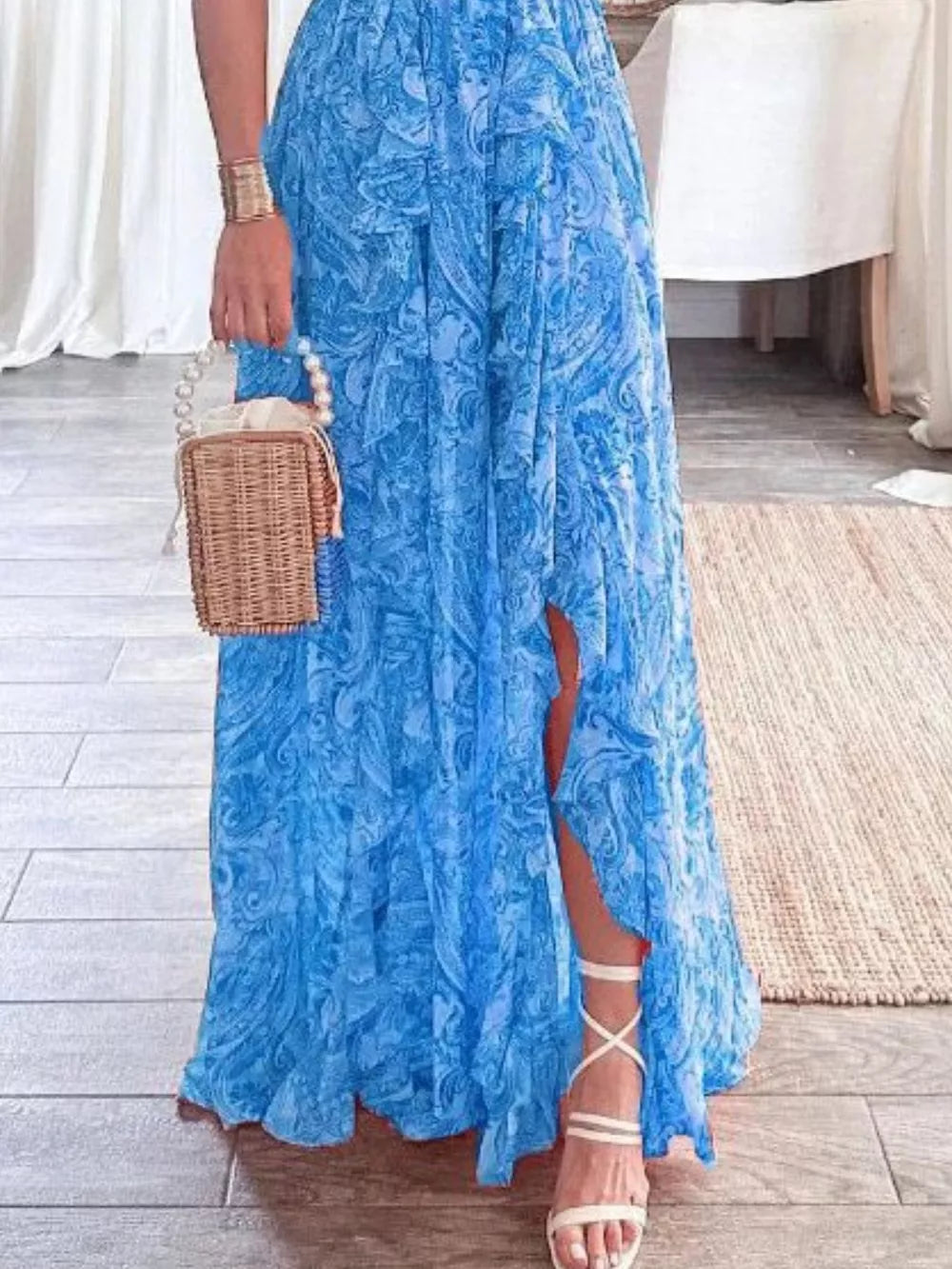 Sky blue ruffled V-neck maxi dress with paisley print and high slit