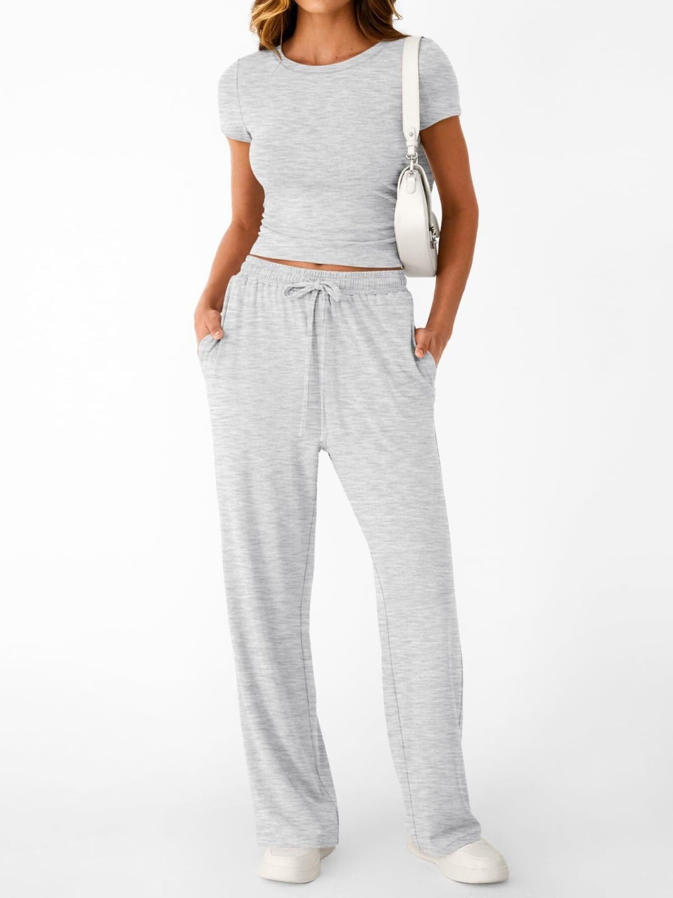 Gray round neck tee and relaxed drawstring pants set with pockets