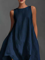 Dark navy asymmetrical sleeveless flowing dress with a relaxed fit.
