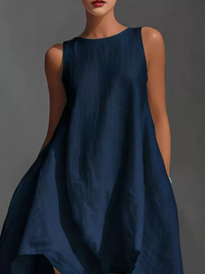 Dark navy asymmetrical sleeveless flowing dress with a relaxed fit.