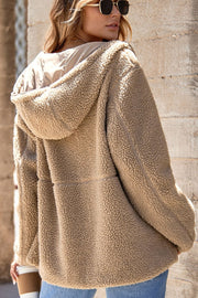 Sherpa lined hooded jacket in khaki with contrast lining and casual fit.
