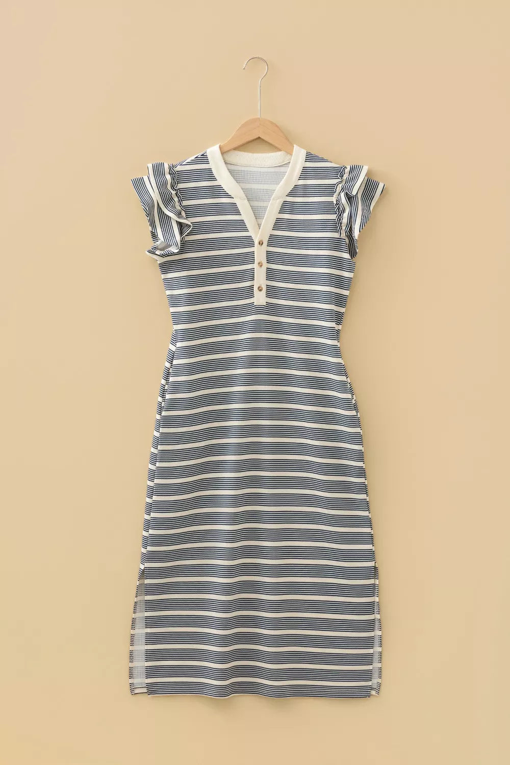 Navy stripe midi dress with ruffled sleeves, V-neck, and button detail.