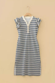 Navy stripe midi dress with ruffled sleeves, V-neck, and button detail.
