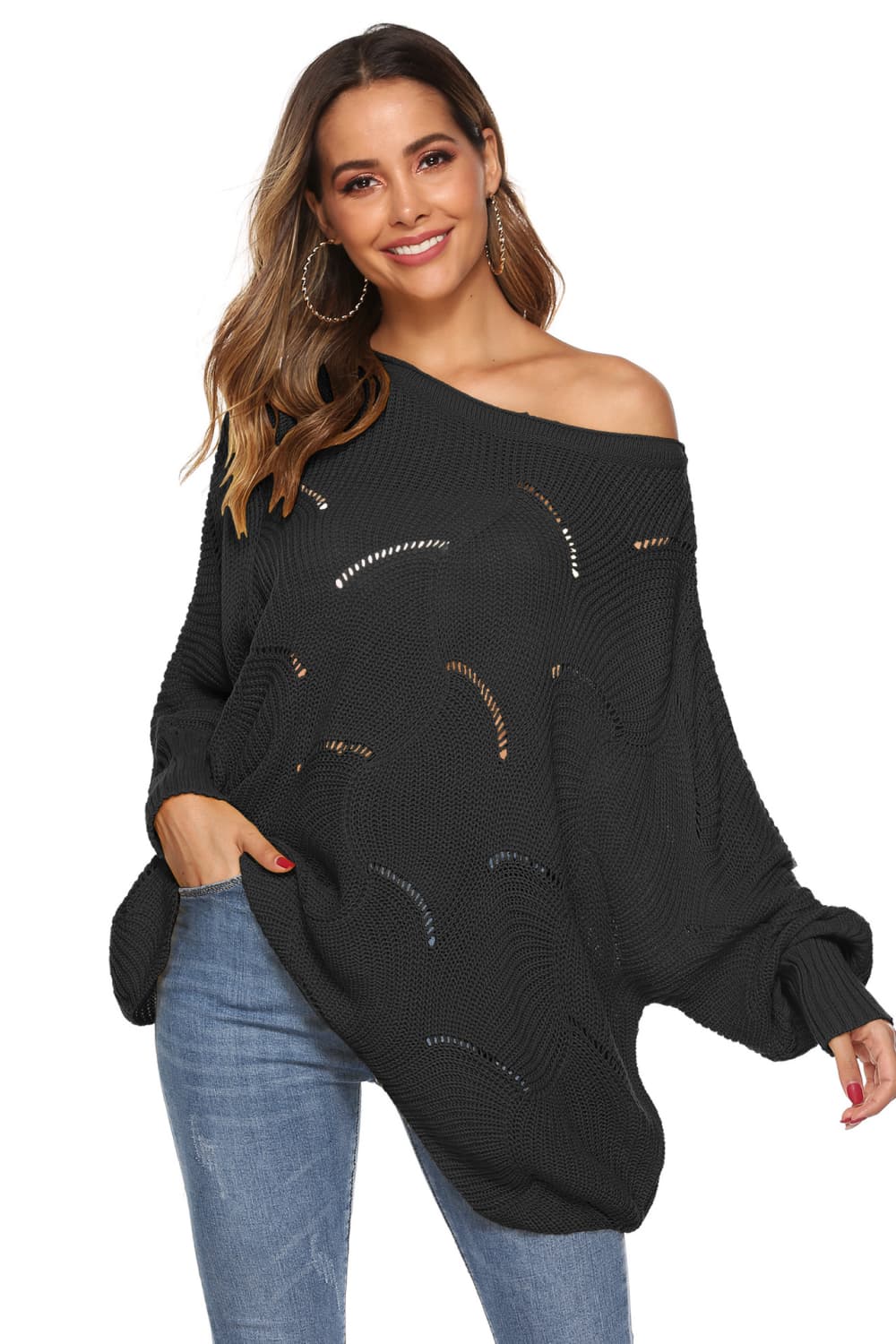 Black openwork cocoon sleeve knit sweater with boat neck and casual styling.
