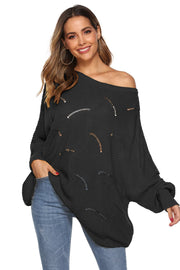 Black openwork cocoon sleeve knit sweater with boat neck and casual styling.