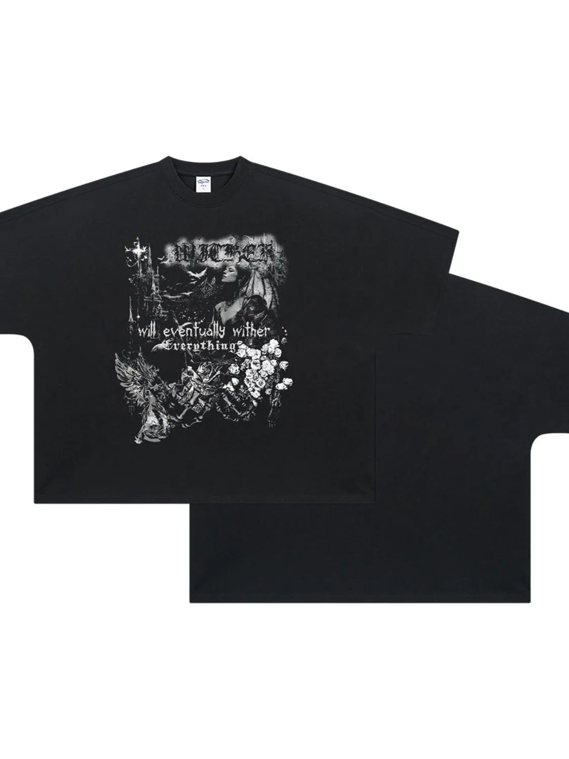 Black oversized graphic tee with gothic print and text.