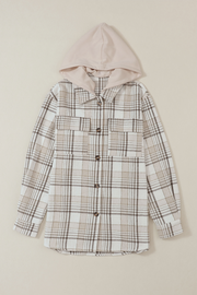 Oversized plaid shacket with attached beige hoodie and button front.