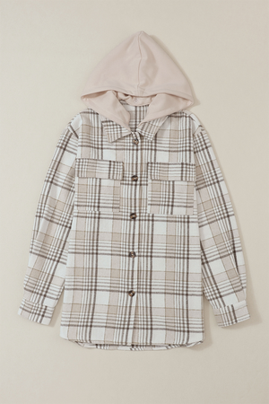 Oversized plaid shacket with attached beige hoodie and button front.