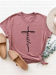 Dusty pink t-shirt with black script "Faith" graphic and rolled sleeves.