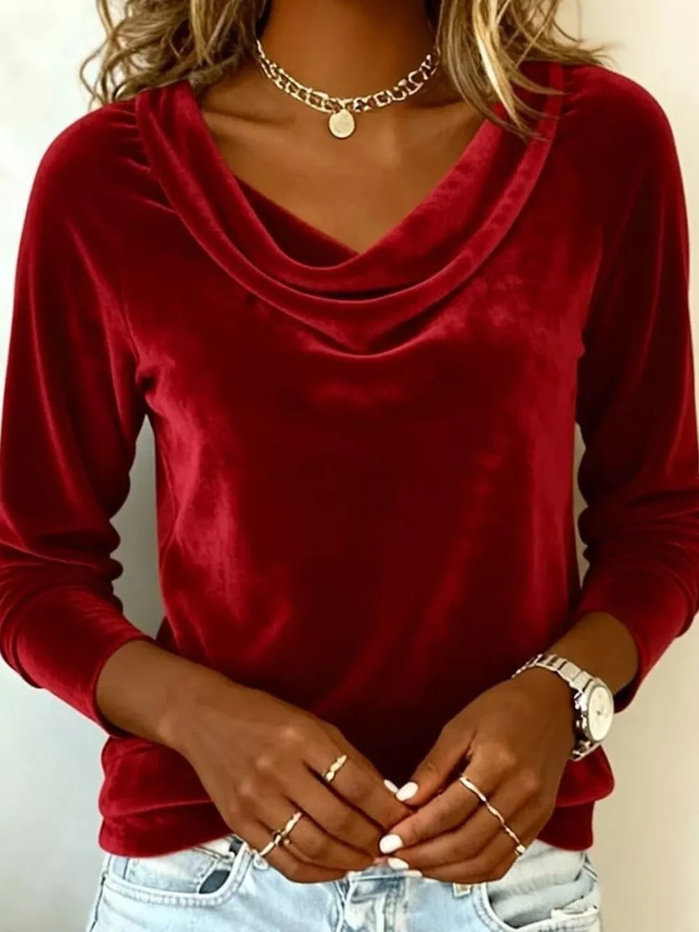 Red velvet cowl neck t-shirt with long sleeves and a relaxed fit.