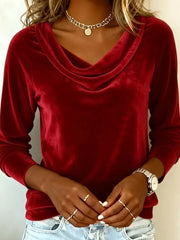 Red velvet cowl neck t-shirt with long sleeves and a relaxed fit.