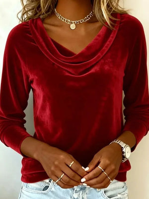 Red velvet cowl neck t-shirt with long sleeves and a relaxed fit.