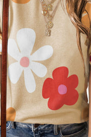 Tan floral print t-shirt with puff sleeves and a crew neck.