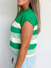 Green and cream striped cap sleeve t-shirt with crew neck.