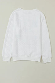 White textured sweatshirt with cable knit pattern and crew neck