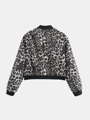 Boxy bomber jacket in leopard print with black ribbed collar, cuffs, and hem.