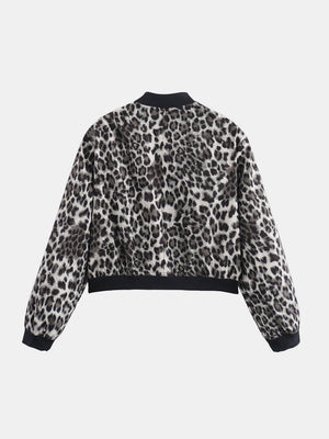 Boxy bomber jacket in leopard print with black ribbed collar, cuffs, and hem.