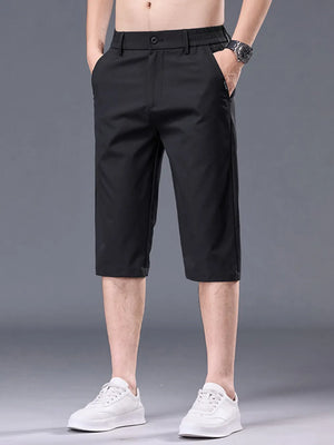 Men's black chino shorts with pockets and belt loops.