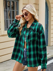 black button-up shirt with hip-length and button-front