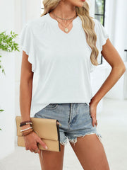 White ruffled sleeve notched v-neck tee with a casual fit.
