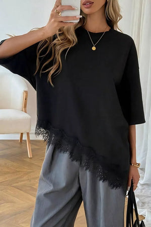 Lace Asymmetrical Hem Round Neck T-shirt in Black, side view