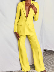 One Button Blazer And Wide-leg Pants Set Plus Size in Brown, editorial view
