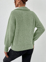 Ribbed collar zip-up knit sweater in matcha green acrylic with balloon sleeves.