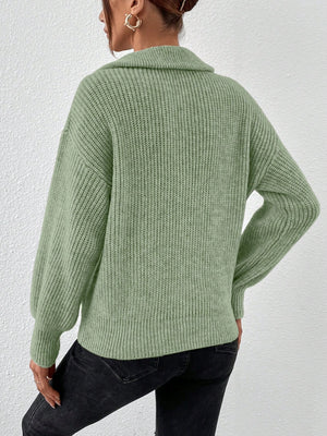 Ribbed collar zip-up knit sweater in matcha green acrylic with balloon sleeves.