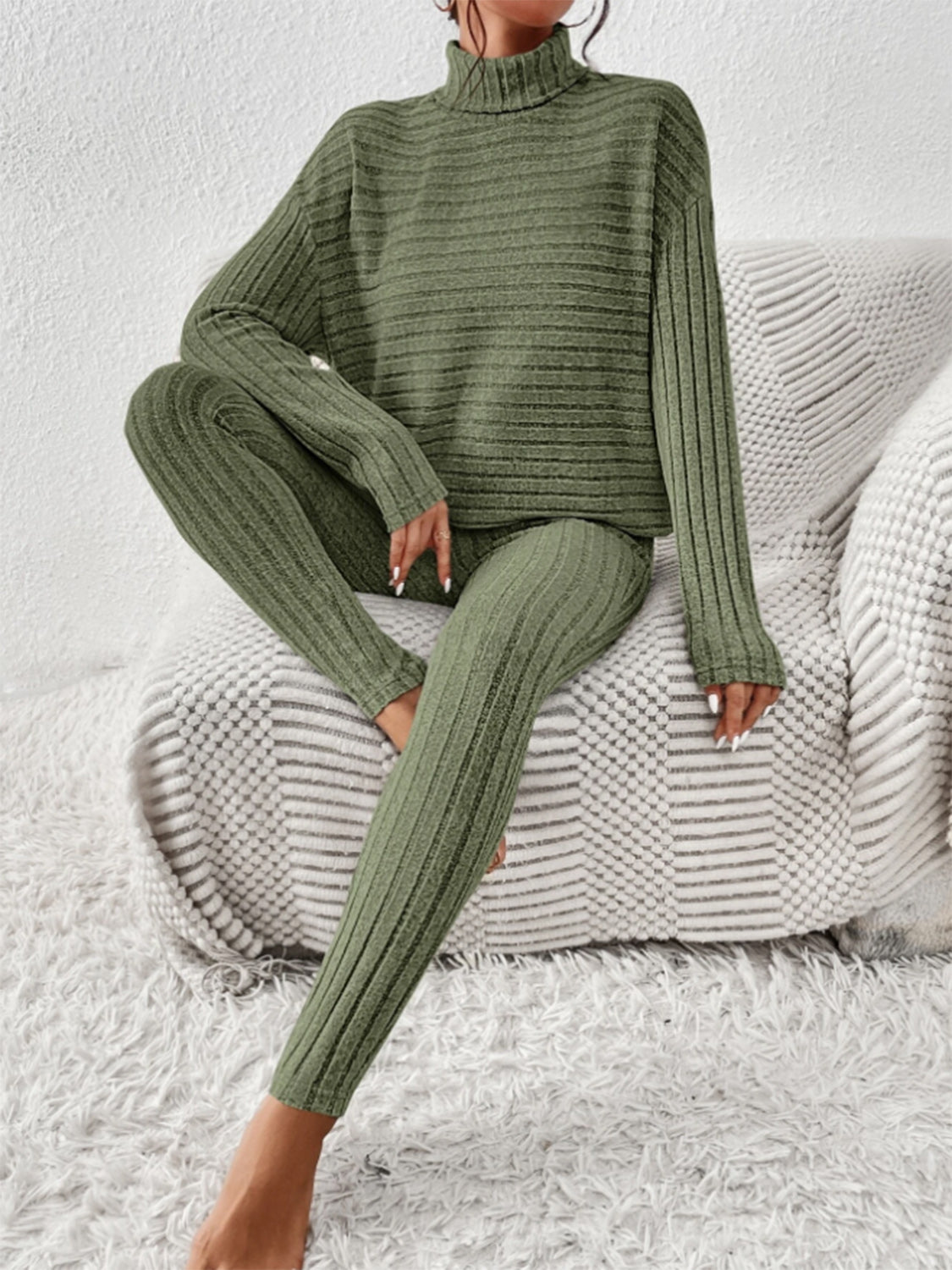 Textured turtleneck loungewear set in Matcha Green with ribbed detail.