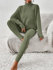 Textured turtleneck loungewear set in Matcha Green with ribbed detail.