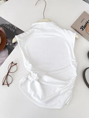 White textured ruching mock neck tank top with draped detail