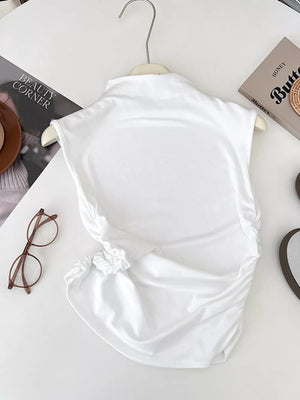 White textured ruching mock neck tank top with draped detail