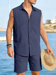 Navy linen sleeveless shirt and shorts set for men with button front and pocket.