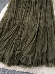 Army green tiered tulle skirt with ruffled hem and lining