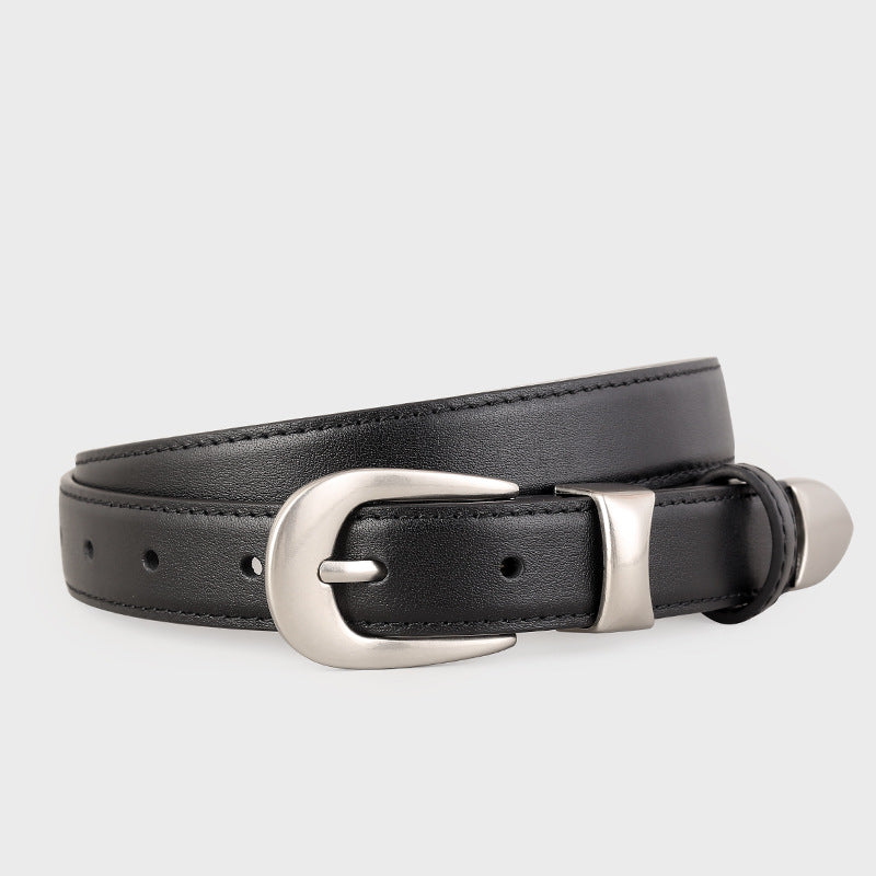 Black leather belt with elegant silver buckle