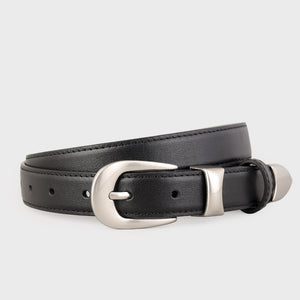 Black leather belt with elegant silver buckle
