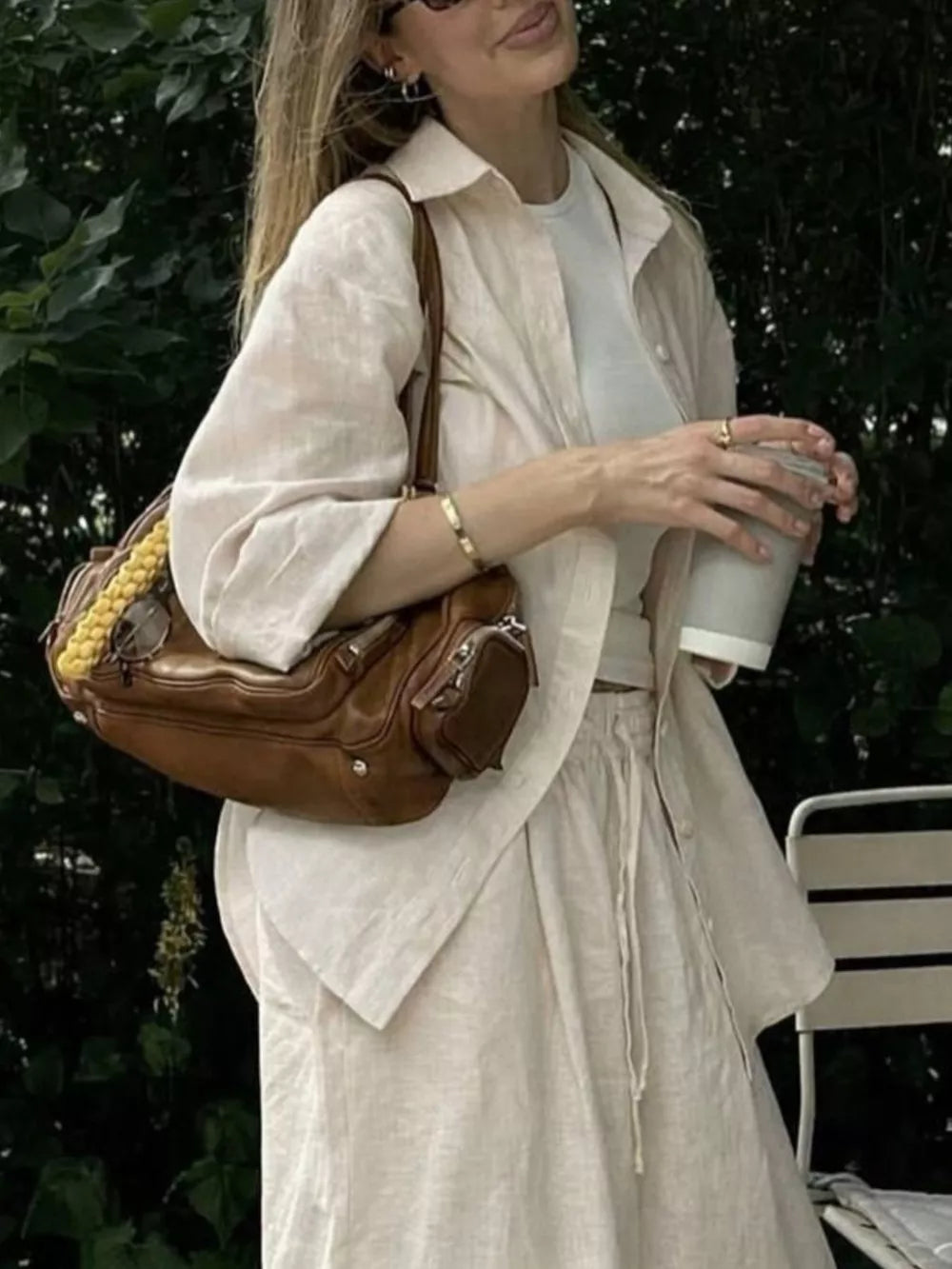 Button Up Shirt And Drawstring Pants Set in Apricot, side view