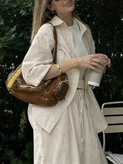 Button Up Shirt And Drawstring Pants Set in Apricot, side view