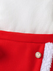 Red baby outfit with white ribbed top and faux fur trim, pearl button detail