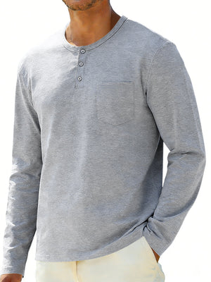 Gray long sleeve pocketed henley t-shirt with button detail