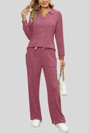Mauve ribbed knit lounge set with collar and drawstring waist pants.