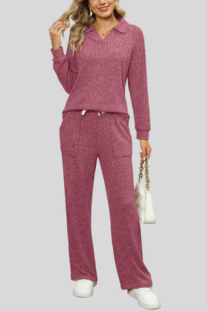 Mauve ribbed knit lounge set with collar and drawstring waist pants.