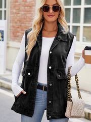 Black denim vest with collar, button front, and chest pockets.