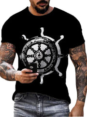 Black t-shirt with artistic compass graphic, crew neck, short sleeves.