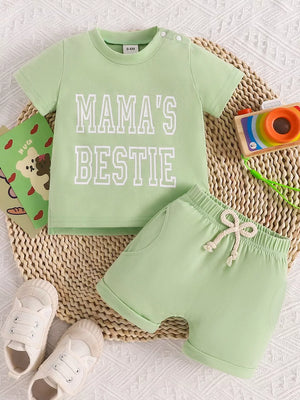 Children's Letter Round Neck Tee And Shorts Set in Light Green, alternate angle