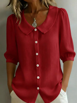 Red button-down shirt with Peter Pan collar and puff sleeves