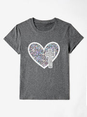Gray t-shirt with iridescent heart and cross appliqué detail.