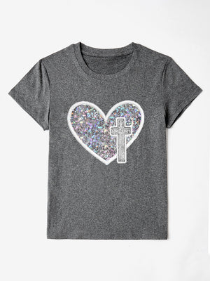 Gray t-shirt with iridescent heart and cross appliqué detail.