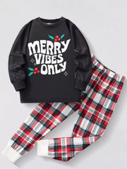 Black long sleeve sleep set with "Merry Vibes Only" graphic and red plaid pants