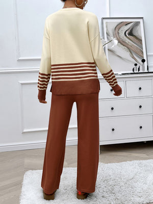 Color-blocked knit lounge set with cream top and brown striped sleeves, paired with brown wide-leg pants.